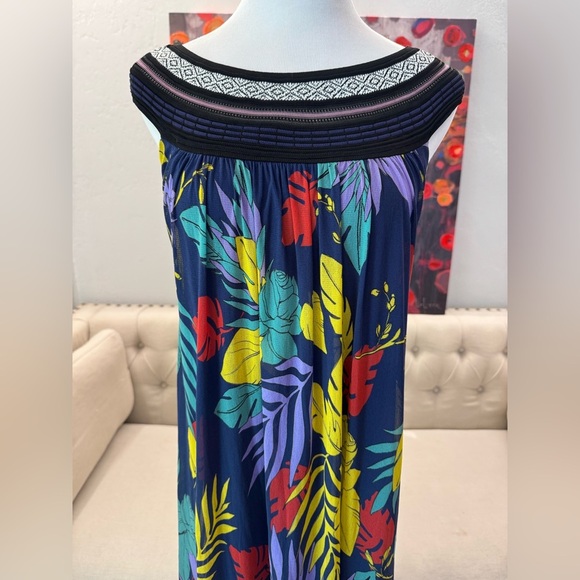 FUZZI Floral Tulle Off the Shoulder Maxi Dress Tropical Long Blue Yellow L - Picture 4 of 12